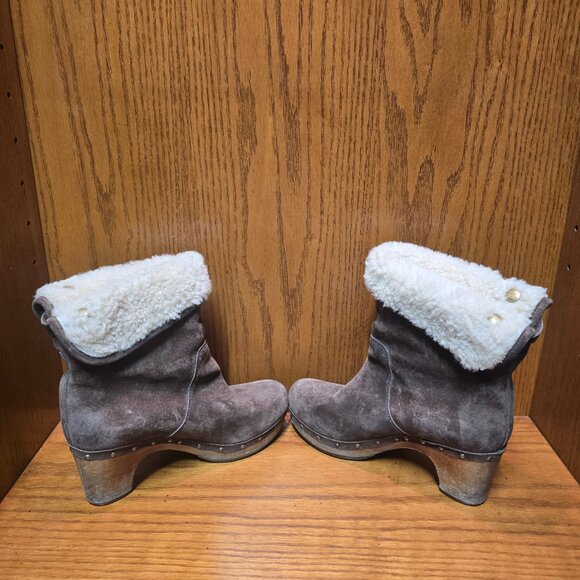 UGG Australia Lynnea Boots Womens Brown Suede Shearling Ankle Wood Clog Size 7 - Picture 5 of 10